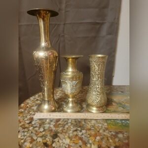 set‎ of 3 brass vase etched ingraved handcrafted India 12" 7" MCM